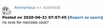 screencap of a gel booru comment saying "no love for necrosis cock?"