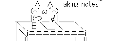 ascii art of a cat on a desk writing on a paper, captioned with the words Taking notes