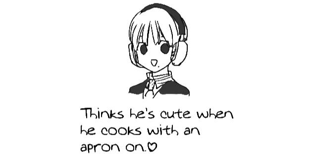 nobimaru from kemono jihen with the words "thinks he's cute when he cooks with an apron on"