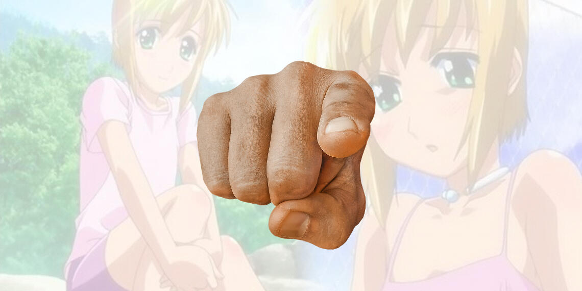 a transparent of a disembodied hand pointing at the viewer, the background is of Pico from Boku no Pico