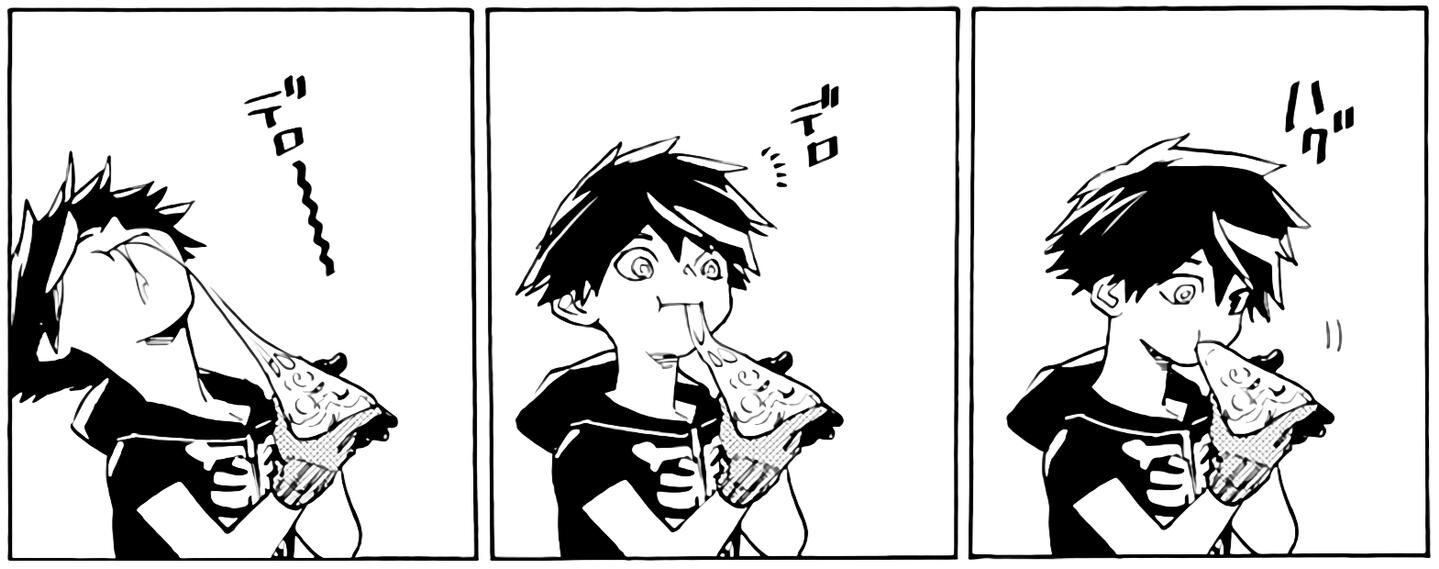 kemono jihen screencap of kabane trying to eat a pizza