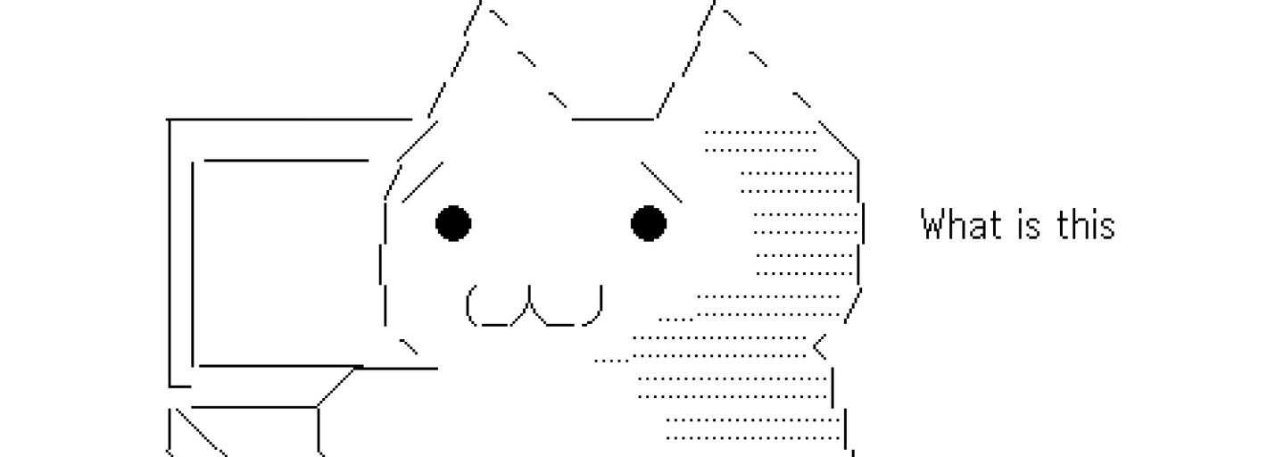 an ascii art cat looking away from a computer monitor, text saying "What is this"